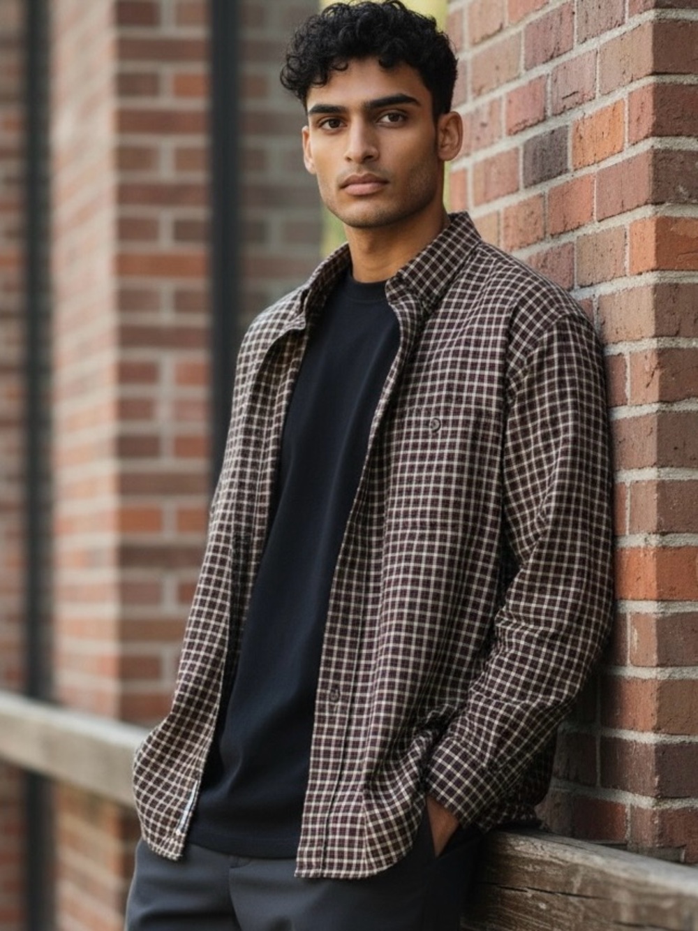Eddie Bauer Burgundy and Black Plaid Button-Up Shirt